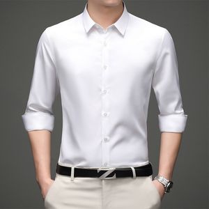 White Shirts Men Casual Long Sleeve Satin Mens Shirt Slim Business Work Camisas Non Iron Solid Chemise Homme 26+Colors 210524