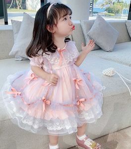 Criança Boutique Vestido Lolita Lace Ruffles Flower Girls Vestido para Wedding Bows Xmas Roupas 210529