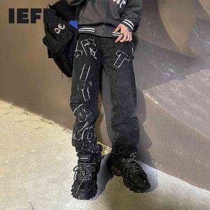 IEFB Spring мужские джинсовые брюки высокой улицы вымытые джинсы для мужчин старинные буквы Patchwork прямые брюки хип-хоп Y5725 210524