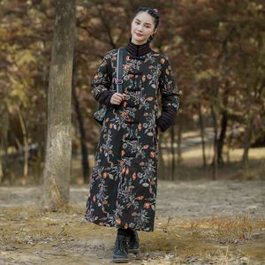 Johnature Women Chinese Style Parkas Print Floral Cotton Linen Coats Stand Warm Winter Vintage Clothes Button Thick Parkas 210521