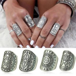 Plated Bohemia Silver Ringar Unik Carving Tibetan Vintage Smycken Ring Set Punk Boho Party Decor for Woman Band