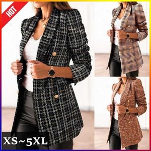 TBYL Women Fashion Tweed Double Breasted Blazer Coat Vintage Notched Collar Long Sleeve Flap Pockets Female Outerwear Chic Veste 211122