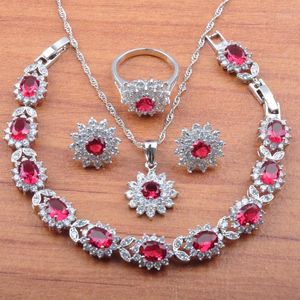 Earrings & Necklace 2021 Rose Red Cubic Zirconia Accessories Silver Plated Jewelry Sets Bridal Jewellry Crystal Trinket Gifts For Women JS01