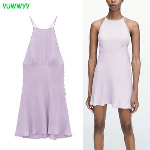 Summer Light Purple Satin Cross Thin Straps Mini Dresses for Women Elegant Backless Slim Party Dress Woman Gowns Clothes 210430