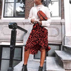 Leopard Long Skirt Women High Waist Midi Skirt Female Office Ruffle Animal Print Skirts Womens Summer Red Casual 210518