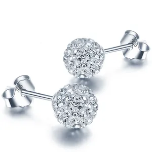 White S925 Stamp Plata Earrings Micro Disco Balls Crystal Stud Earring Safe to skin Women Jewelry