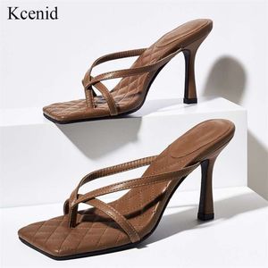 Kcenid Clip Toe Design Womens Slides Ladies Party Dress Slippers Fashion Flip Flops Stiletto High Heel Shoes Square Sandals 210928