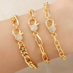 Gold Curb Link Chain Bracelet For Women Round Carabiner Chunky Charms CZ Cubic Zirconia Jewelry Gift Brtc59 Bangle