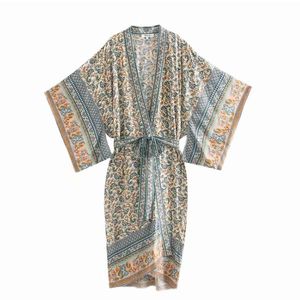Blouses women's European and American loose all-match ethnic print tie waist kimono dress