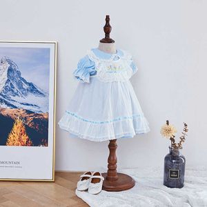 2 adet Çocuk İspanyol Butik Giysi Kız Bebek Nakış Elbiseler Toddler Kızlar Peter Pan Yaka Frocks Bebek Elbise + Pantolon 210615