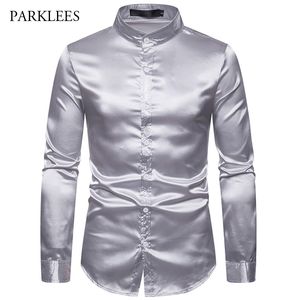 Silk Satin Shirt Men Brand Standing Collar Slim fit Long Sleeve Dress Mens Casual Social Shirts for Business Chemise Homme 210524
