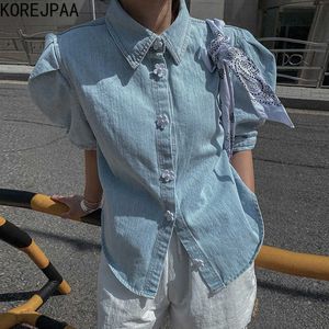 Korejpaaの女性のシャツの夏のフランス語レトロなラペルシックな花シングルブレストルースパフスリーブウォッシュブルーデニムブラウス210526