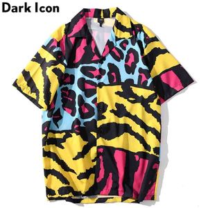 Leopard tryckt strand tropiska skjortor nedskrivning krage gata hip hop kortärmad för män 210626