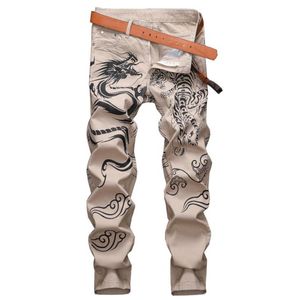 Khakifarbene Herren-Jeans mit Drachen- und Tiger-Aufdruck, modische Slim-Fit-gerade Herrenhose