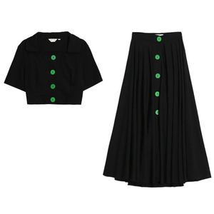 Svart Solid Short Sleeve Slå ner Collar Shirt Beskuren Midi Skirt Två Piece Set Summer Women Green Button T0252 210514