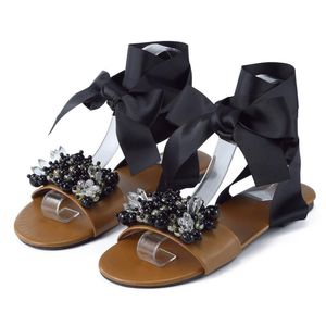 Sandały Kobiety dziewczyny perłowy płaski styl bohemian swobodny pasek kostki pu otwarty palce koronkowe buty plażowe plus size 2021