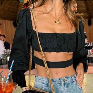 Camicetta bianca e nera con maniche a sbuffo camicia da donna sexy crop top estiva camicetta con spalle scoperte femininas chic 210427