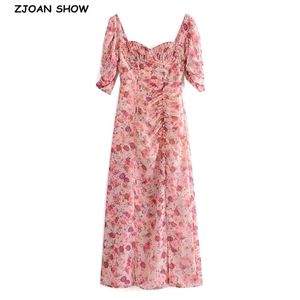 French Style V neck Pink Flower Short Sleeve Split Dress Slit Hem Slim Fit Women Puff sleeve Maxi Long Tea Dresses Vestidos 210429