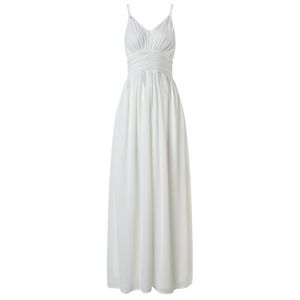 White Strap Backless Hollow Out Solid V Neck Empire Maxi Long Dress Chiffon Summer Beach Vocation Party D0596 210514