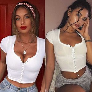 Moda Sexy Kobiety Krótki Rękaw Przycisk Top Przycisk Kamizelka Halter Casual White Tank Tops Bluzka Krótka koszula 210527