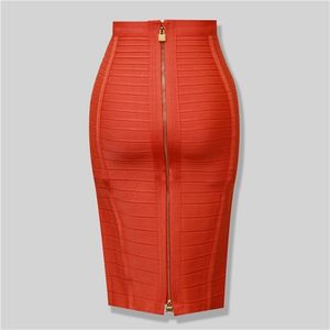 高品質黒赤青オレンジジッパーボディコンレーヨン包帯スカートデーパーティーペンシル220215