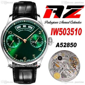 AZF IW503510 Årlig kalender Power Reserve A52850 Automatic Mens Watch Steel Case Green Dial Gold Markers Brown Leather Strap Super Edition Puretime G7