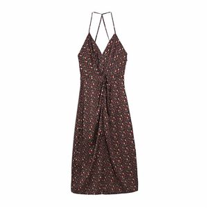 Sexy Women Elegant V-Neck Dresses Fashion Ladies Zipper Strap Vestidos Vintage Female Chic Draped Cherry Print Dress 210430