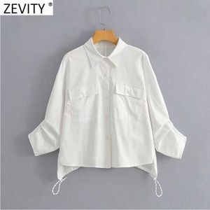 Zevity Mulheres Moda Bolsos Duplos Remendo Blusa Branca Feminino Casual Solto Kimono Camisas Chique Blusas Tops LS7681 210603