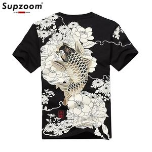 Arrival Hip Hop Knitted Tshirt Homme Sale T Shirt Men Goods Embroidery With Short Carp Tattoo O-neck Cotton Casual 220214
