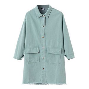 PERHAPS U Women Apricot Green Denim Jacket Button Pocket Long Sleeves Turn Down Collar Hole Print Loose Long Jean Coat C0525 210529