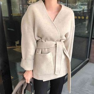 Höst Feminino Överrockar Vinter Minimalistisk Full ärm Tjock varm Woolen Coat Korea Style Plus Size Trend 210510