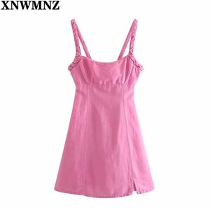 Sommar Kvinnor Vintage Linne Mini Klänning Kvinna O-Neck Wide Samlade band Kort Robe Ladies Chic Sexiga Party Klänningar 210520