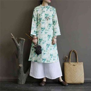 Johnature Women Print Floral Dress Linne Stand Vintage Cheongsam Höst Lös Högkvalitativ Kvinnor Kinesisk stil Klänning 210521