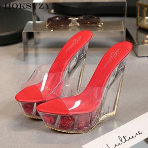 Hoksvzy Super High Heel Cool Slipper Transparent Specialformad Crystal Slipper Vattentät Platform 15cm Wedges Kvinnor Sandal LFD