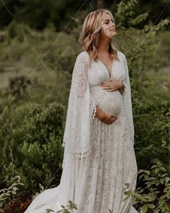 Land Bobo Lace Bröllopsklänningar Flare Ärm Hög Wasit Softness Mercy Dress Gravid Bröllopklänningar Plus Storlek Tassel