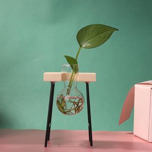 Vasi Moda Vaso con cornice in legno Set Contenitore idroponico in vetro Soggiorno Decorazione da tavolo Vaso per piante semplice in ferro