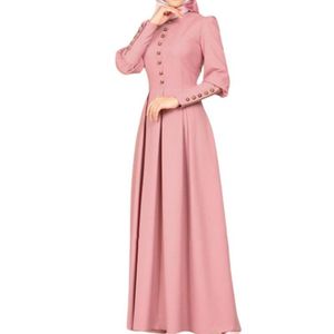Casual Dresses Muslim Abaya Robe Buttons Pleated Maxi Dress Women Large Hem Evening Party O-Neck Cuff High Waist Long Plus Size