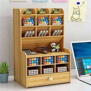 Multifuncional Wood Desktop Office Organizer Caixa De Armazenamento Pena Lápis Jóias Maquiagem Suporte De Maquiagem Papelaria Rack 210922