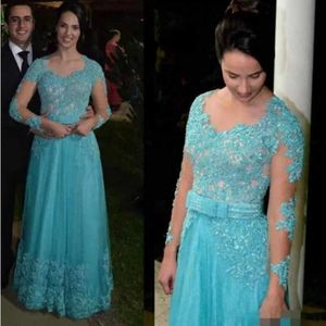 Mother Of The Bride Dresses Scooped Appliques Beaded Tulle Floor Length Long Sleeves Prom Dress 328 328