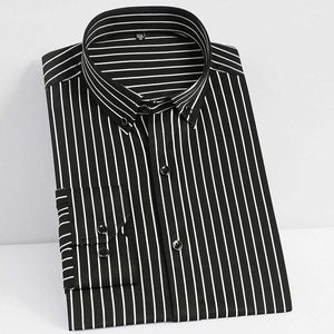 Ungdomsmannor Mäns Långärmad Casual Shirt Soft Stretch Button-Down Collar Classic Young Man Business Striped Dress Shirts 210721
