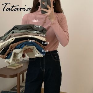 Spring Solid Color Modal Bottoming Shirt Elastic Tight Fitting Wood Ears Fashionable Blue High Neck All-match T-shirt 210514