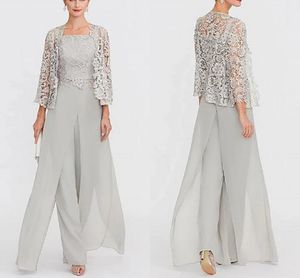 Two Pieces Jumpsuits Mother Of The Bride Dresses With Lace Jacket Silver Gray Chiffon Long Evening Party Gowns Pantsuits Plus Size Wedding Guest Mother's Dress AL9482