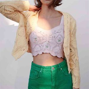 Women Summer Solid V-Neck Sweater Coats Long Sleeve Hollow Out Floral Knitting Female Fashion Street Cardigan Sweaters Clothing 210513