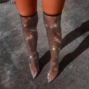 Great Quality Brand Sexy Female Long Boots Knee The Thin Heel Gothic Mesh Crystals Ytmtloy Sandals Zapatos Transparentes De Muje