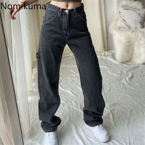 Nomikuma jeans byxor höga midja koreanska kausala brett benbyxor höst vinter nya demin kvinnor byxor mujer pantaloner 6d569 210427
