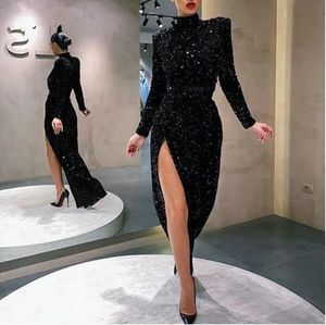 2022 Sexiga Glitter Sequins Prom Klänningar High Neck Marockansk Kaftan Side Slit Sexig Lång Abendkleider Evening Kappor Formell Party Wear Vestidos Formes Robes de Soirée