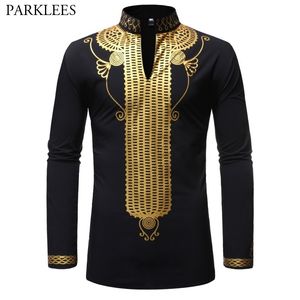 Erkek Lüks Altın Baskı Dashiki Afrika Bazin Elbise Gömlek Marka Mandarin Yaka Uzun Kollu Tribal Üst Bluz Chemise Homme 2XL 210522