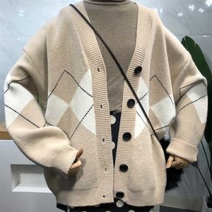 Bethquenoy Sweet Casacos Femininos inverno Argyle Cardigan свитер Женщины зимняя одежда V-образным вырезом Сухера тянуть FEMME 211218