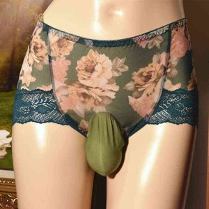 Novo Sexy Let Yarn Gay Shorts Aberto Penis Manga Respirável Underwear Homens Briefs Imprimir Tamanho Grande Penis Bolsa Calcinhas H1214