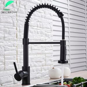 Svart Multi-Färg Kökshandtag Kran Dual Water Mode Spout Pull Down 360 Rotation Kran Däck Monterad Kallvatten Mixer Kran 210724